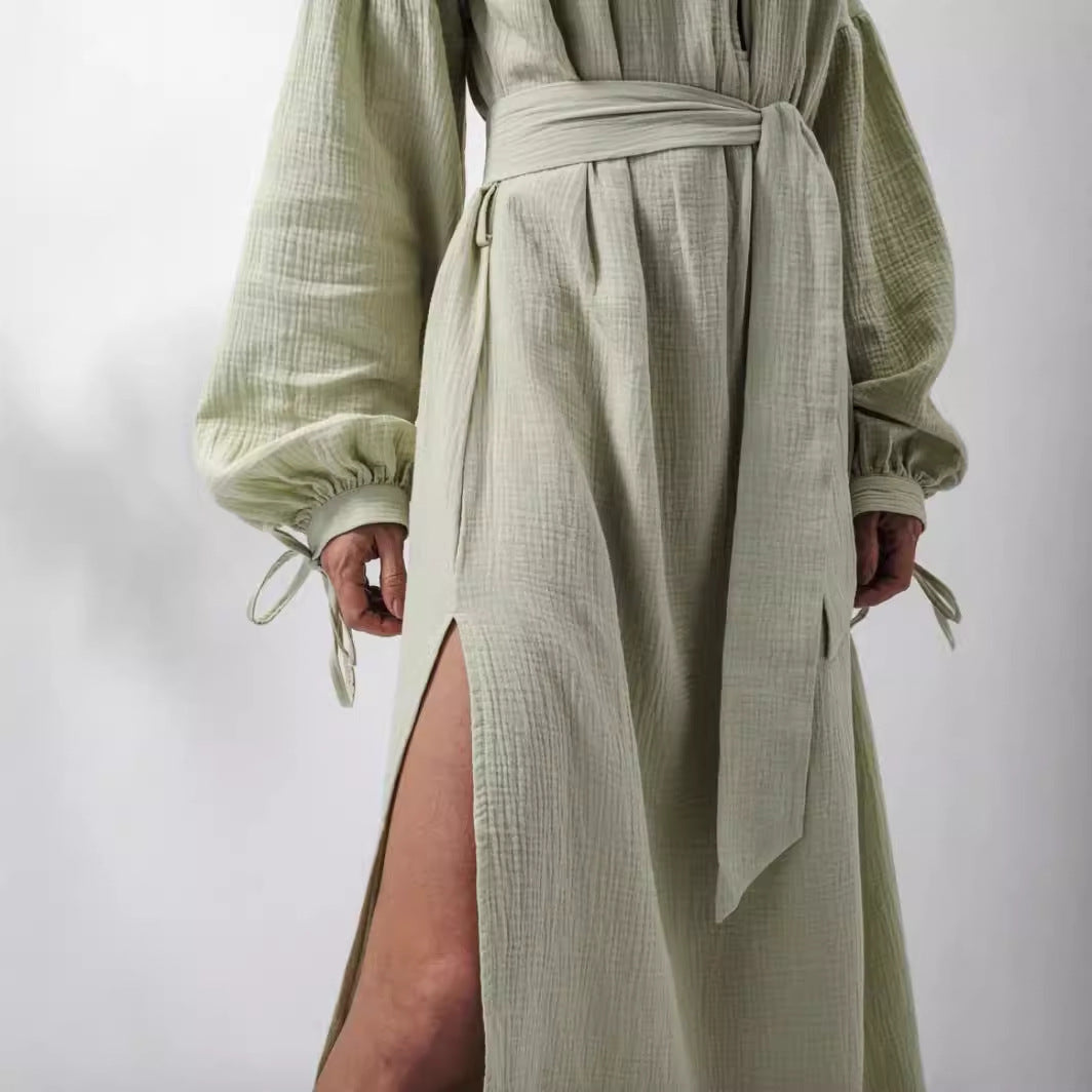 Damen elegantes Maxikleid mit Taillengürtel und Ballonärmeln Drune