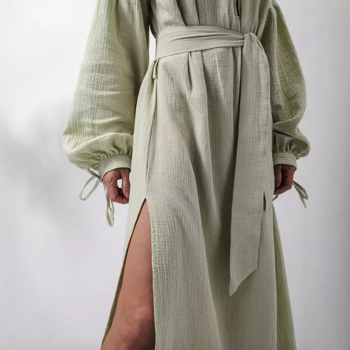 Damen elegantes Maxikleid mit Taillengürtel und Ballonärmeln Drune