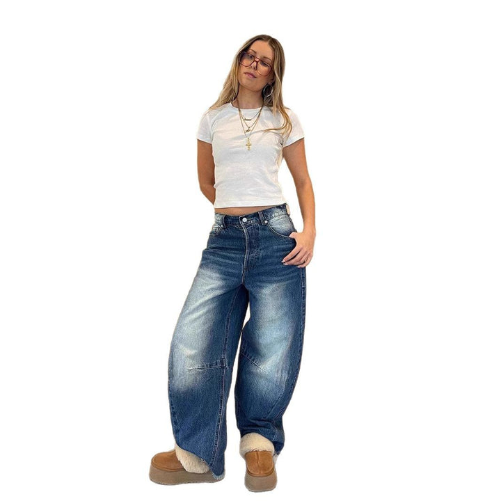 Damen modische weite Jeans mit einzigartigem Schnitt und hohem Bund Drune