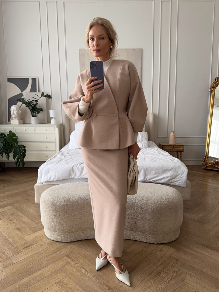 Damen Elegantes Bleistiftkleid mit schickem Blazer-Oberteil und Puffärmeln Drune