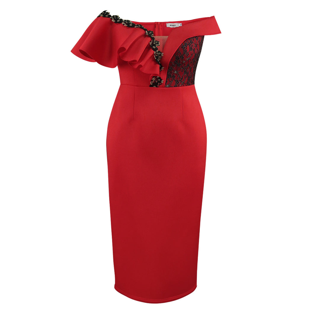 Damen elegantes Kleid mit asymmetrischem Schnitt und floralen Akzenten Drune