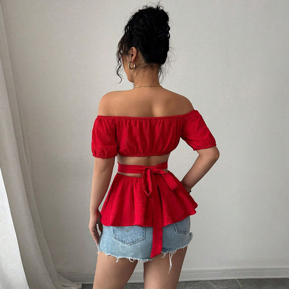 Damen Off-Shoulder Bluse mit rüschigem Saum und seitlichen Cut-Outs Drune