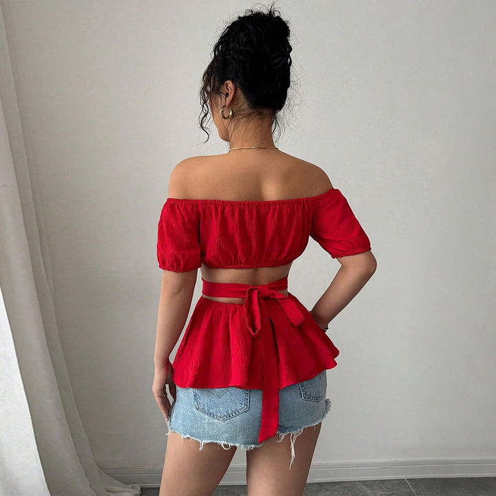 Damen Off-Shoulder Bluse mit rüschigem Saum und seitlichen Cut-Outs Drune