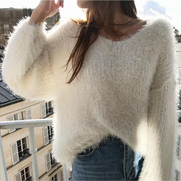 Damen kuscheliger V-Ausschnitt Pullover mit weich flauschiger Textur Drune