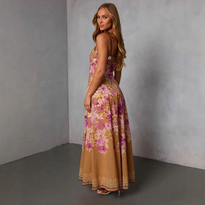 Damen Maxikleid im romantischen Bohemian-Stil mit floralen Akzenten und verstellbaren Trägern Drune