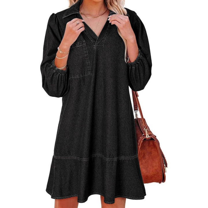 Damen Denim-Kleid mit voluminösen Ärmeln und seitlicher Tasche Drune
