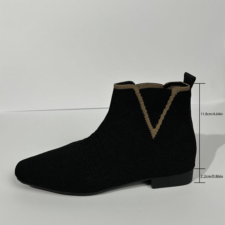 Damen nan gestrickte Sock-Stiefelette mit elastischem V-Einsatz, Zugschlaufe und flachem Blockabsatz Drune