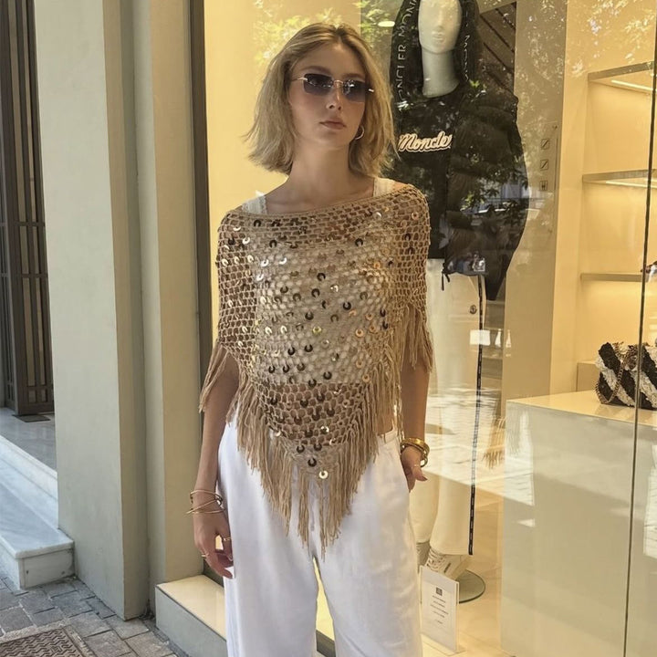 Damen dekorativer Spitzen-Poncho mit eleganten Pailletten und Fransen Drune