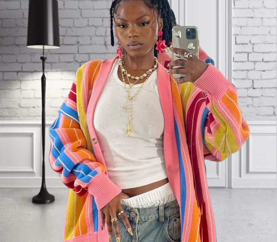 Damen Lässiger Strickcardigan mit buntem Streifenmuster und überschnittenen Ärmeln Drune