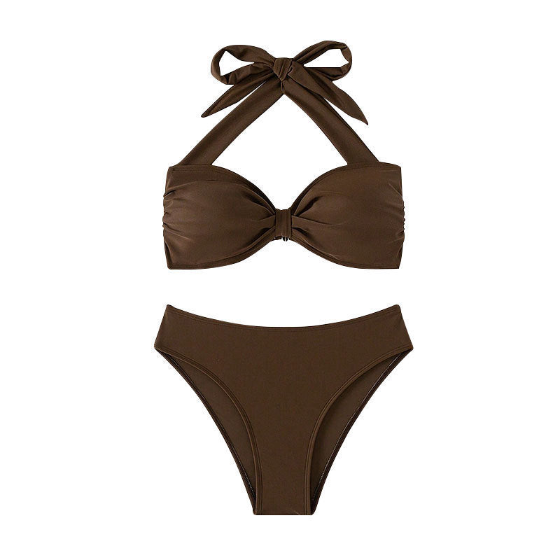 Damen Bandeau-Bikini mit dekorativem Knoten und hoher Taille Drune