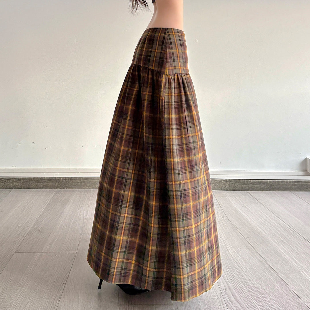 Damen Karierter Midirock mit hohem Taillenbund und voluminösem Schnitt Drune