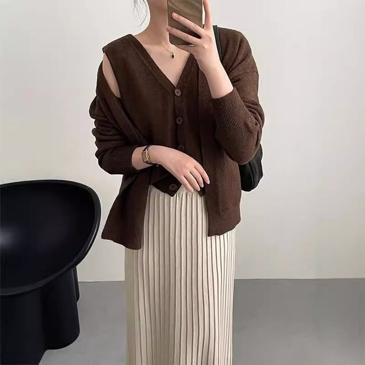 Damen Gemütliche Strickjacke mit tiefem V-Ausschnitt und strukturiertem Rippdesign Drune