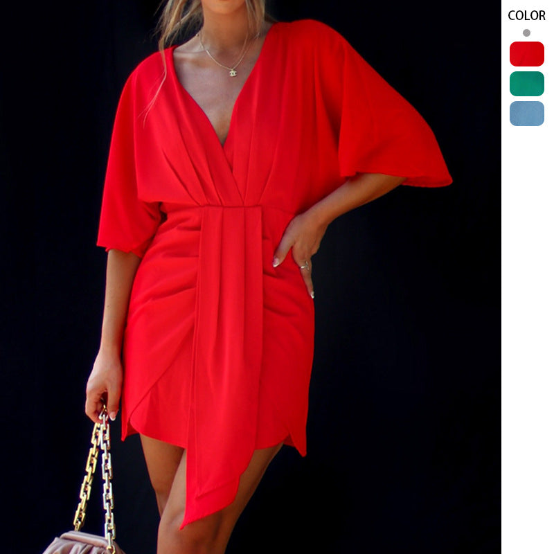 Damen elegantes Wickelkleid mit tiefem V-Ausschnitt und fließendem Stoff Drune