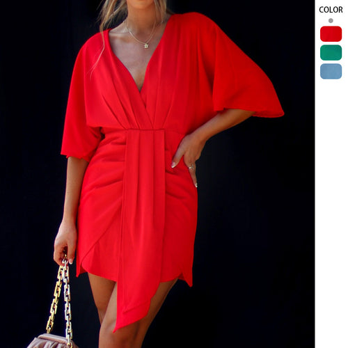 Damen Wickelkleid mit V-Ausschnitt und voluminösen Ärmeln Drune