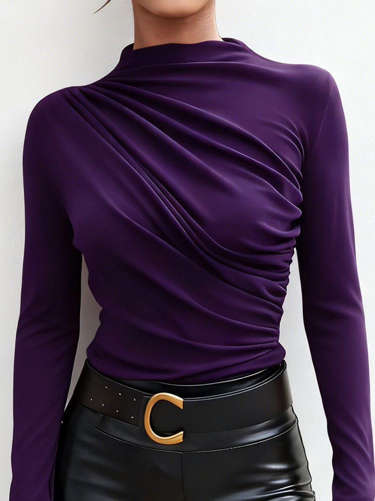 Damen elegantes Langarmshirt mit luxuriösem Drapierungsdesign und schickem Stehkragen Drune