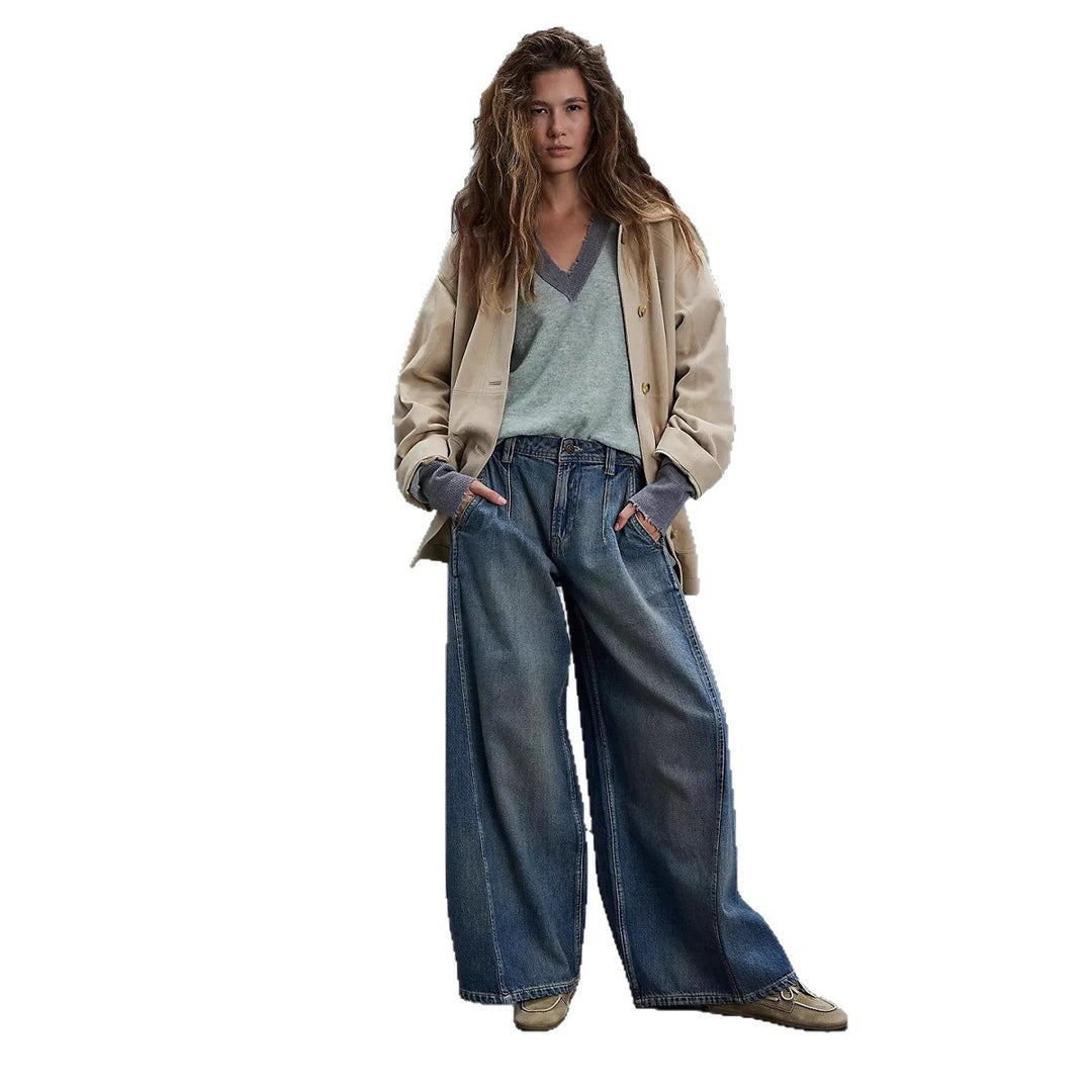 Damen nan extraweite High‑Waist Palazzo-Jeans mit hohem Bund, tiefem Schritt und verwaschener Vintage-Optik Drune