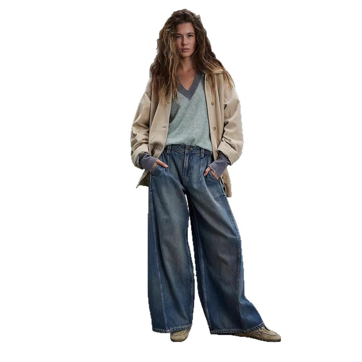 Damen nan extraweite High‑Waist Palazzo-Jeans mit hohem Bund, tiefem Schritt und verwaschener Vintage-Optik Drune