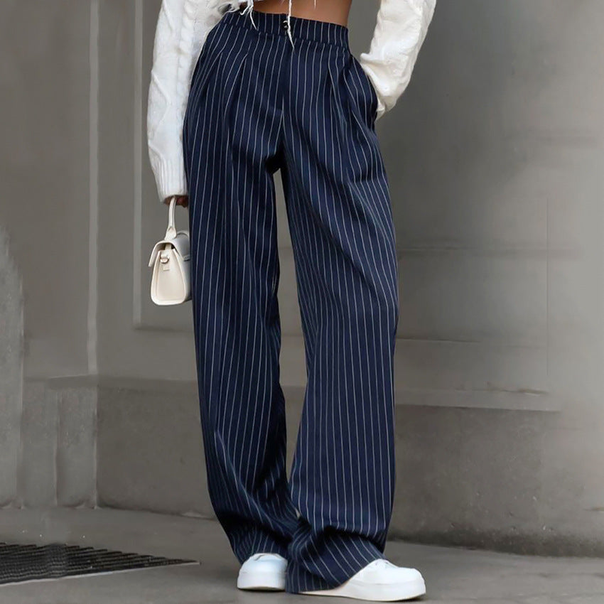 Damen weite Stoffhose mit Nadelstreifen und elastischem Bund Drune