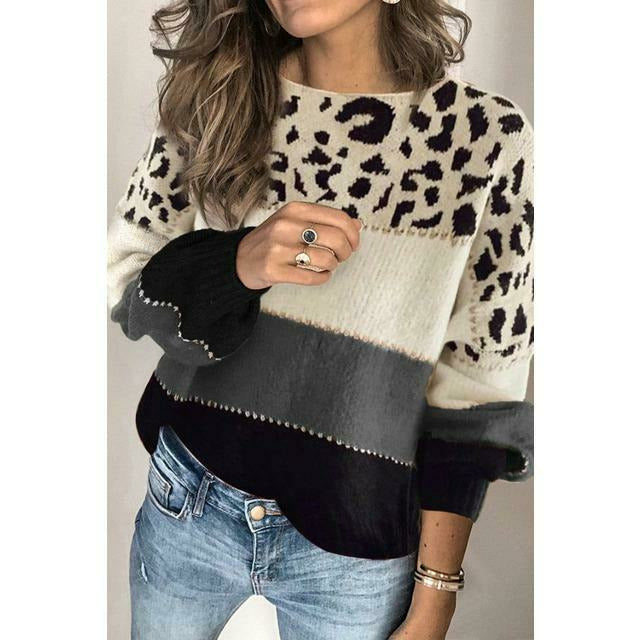 Drune | Pullover - Damen Herbst Leopard Patchwork Strickpullover
