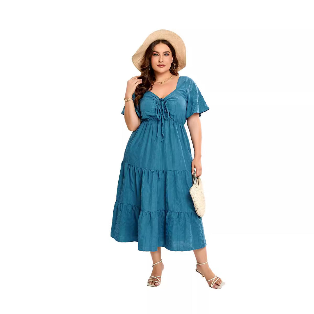 Damen Sommerliches Midikleid mit schmeichelndem Taillenzug und luftigen Ärmeln Drune
