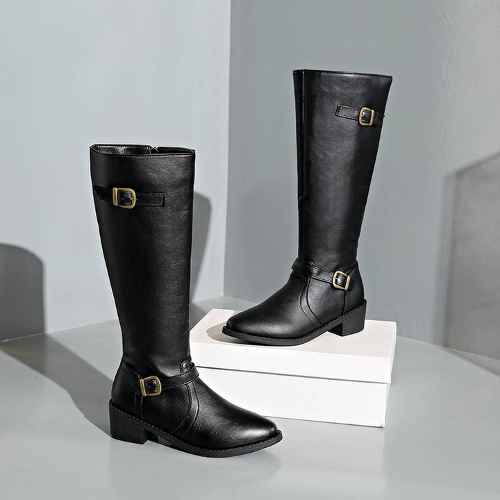 Damen nan kniehohe Reitstiefel mit dekorativen Schnallen und ergonomischem Blockabsatz Drune