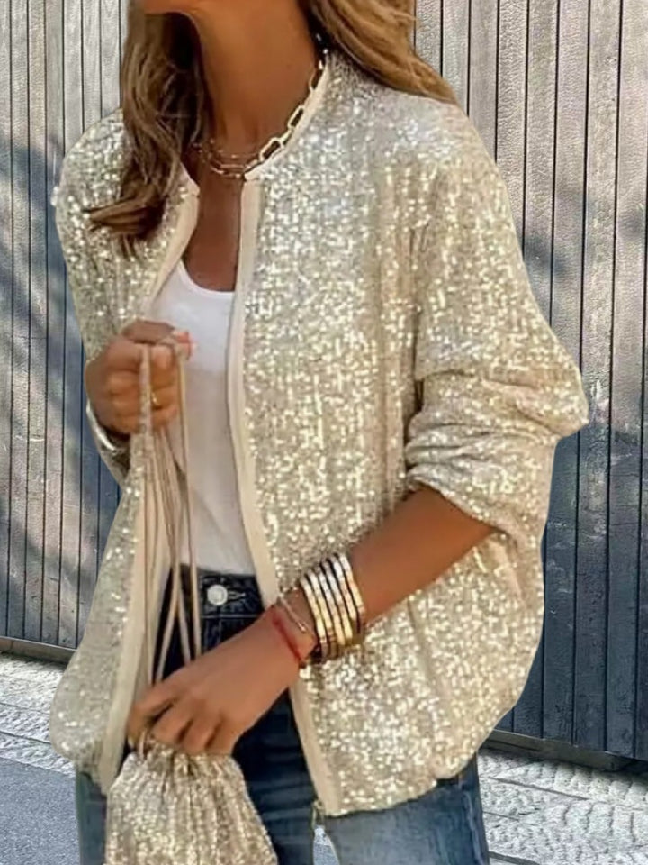 Damen modische Glitzerjacke im sportlichen Schnitt mit Reißverschluss und seitlichen Taschen Drune