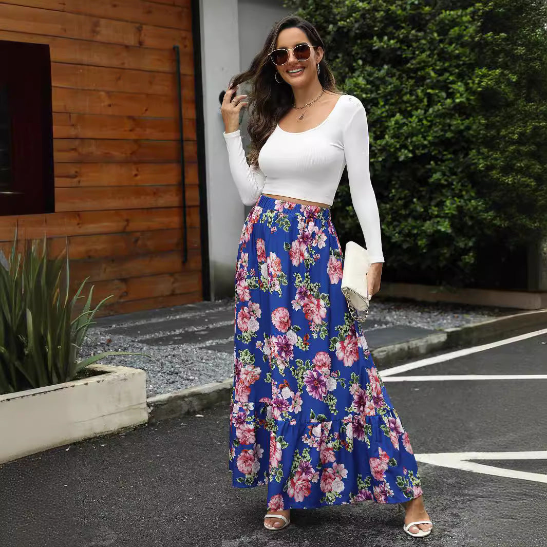 Damen Maxi-Rock mit fröhlichem Blumenmuster und voluminösem Stufenansatz Drune
