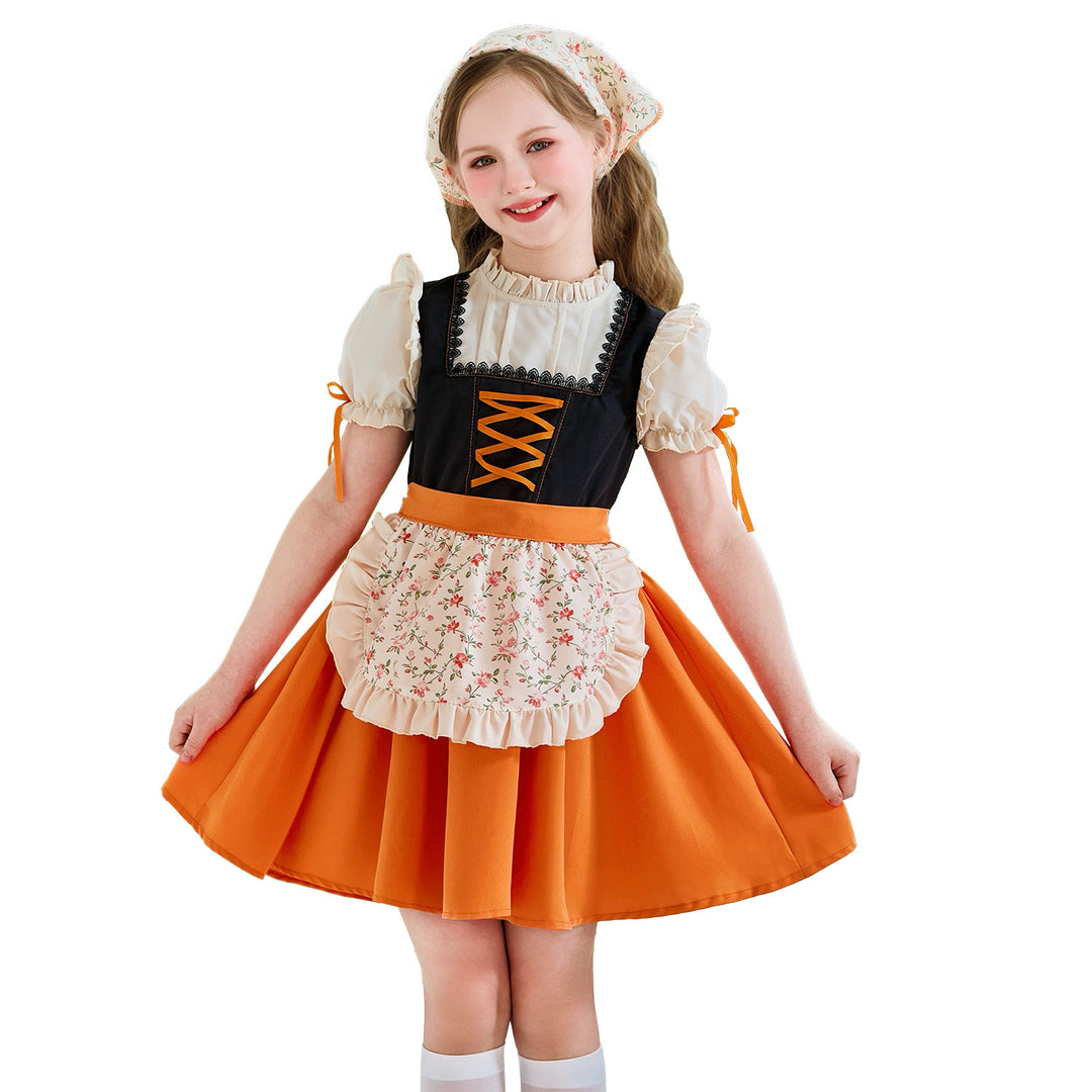 Damen nan traditionelles Kinderdirndl mit Schnürung, Rüschenschürze und Kopftuch Drune