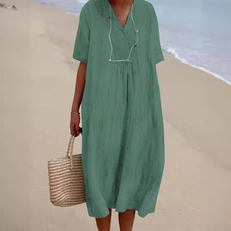 Damen lässiges Leinenkleid mit Knopfdetails und schickem V-Ausschnitt Drune