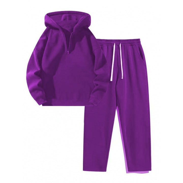 Damen nan Relax-Set mit kurzem Halbzip, übergroßer Kapuze und taillenhoher tapered Jogginghose Drune