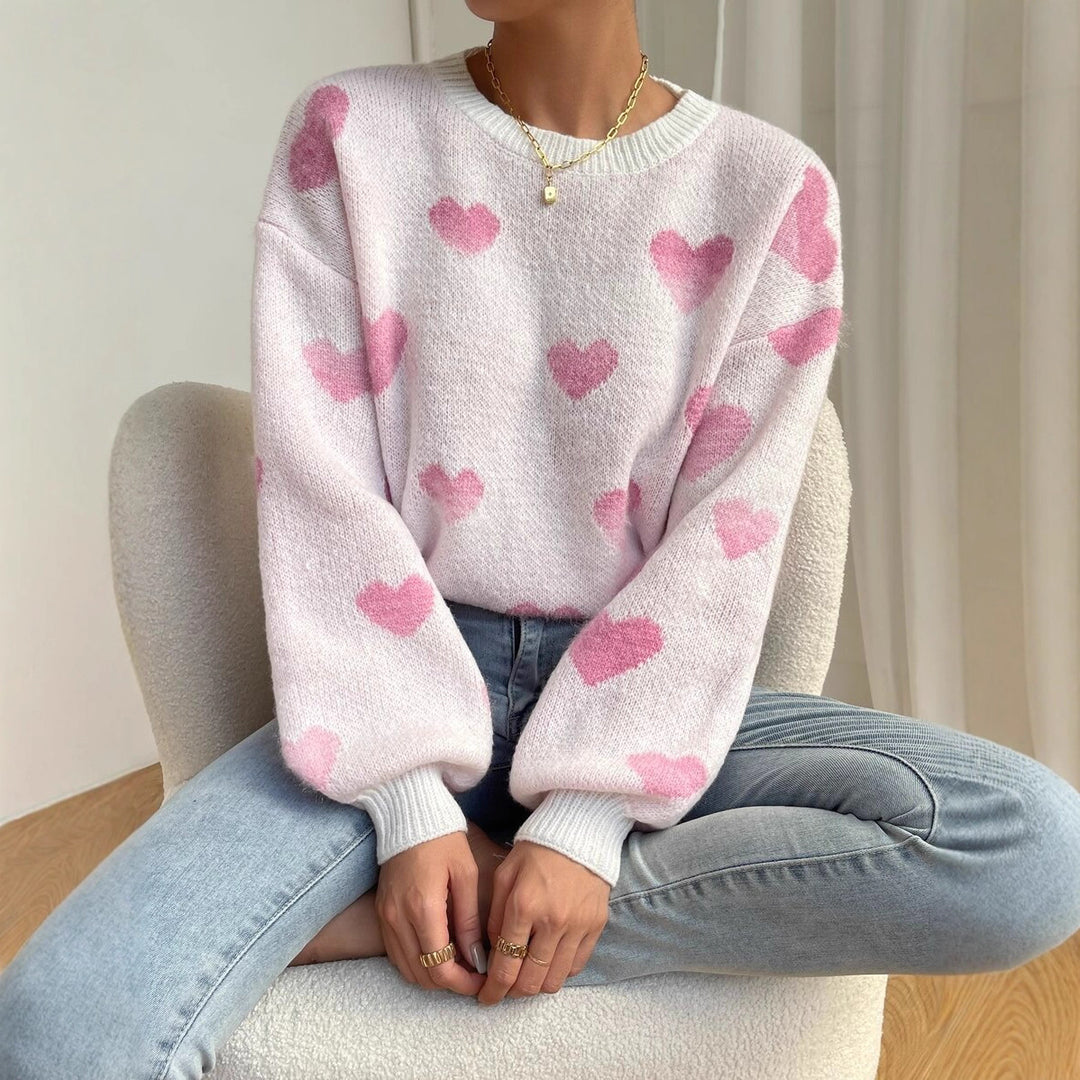 Damen Kuscheliger Strickpullover mit Herzmuster und weitem Schnitt Drune