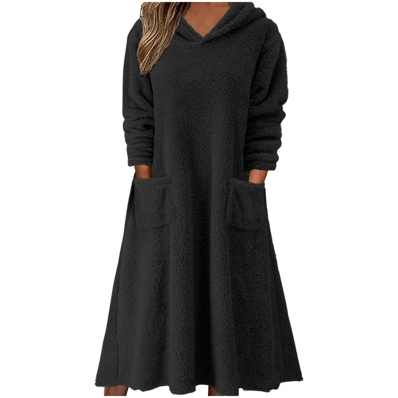 Damen Kuscheliger Fleece-Kleid mit Kapuze und praktischen Taschen Drune