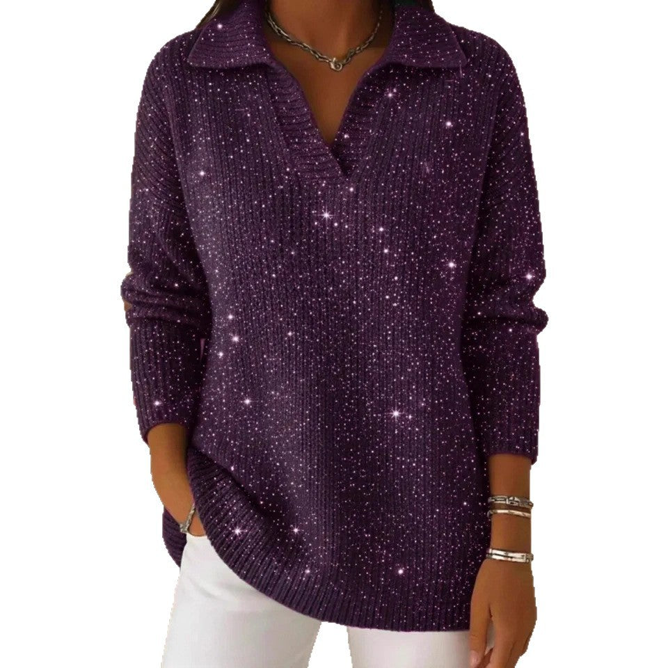 Damen schimmernder Strickpullover mit modernem Kragen Drune