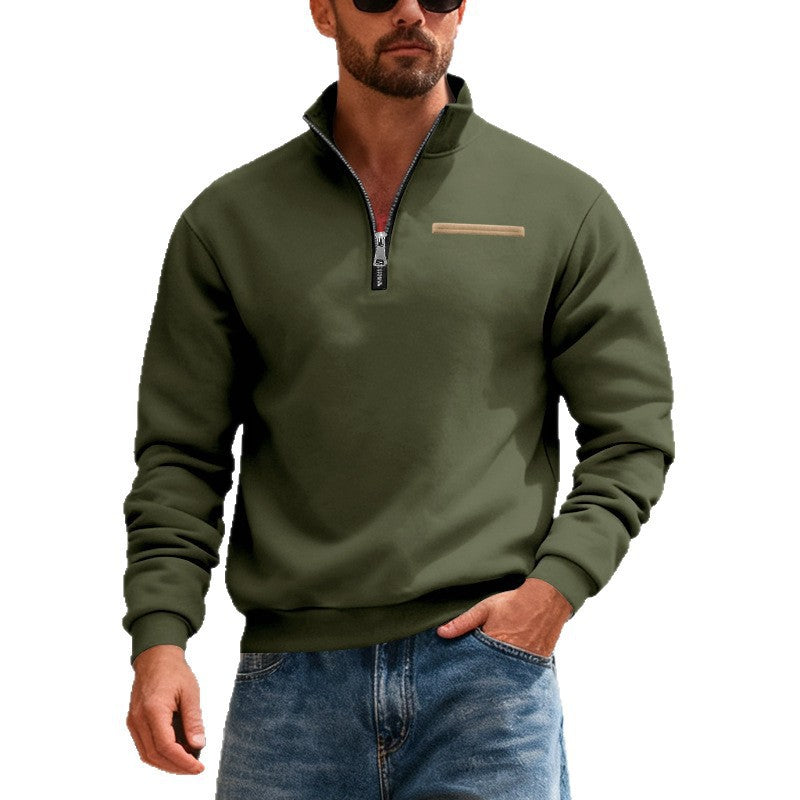 Herren nan Sweatshirt mit halbem Reißverschluss, Stehkragen und Brust-Welttasche Drune
