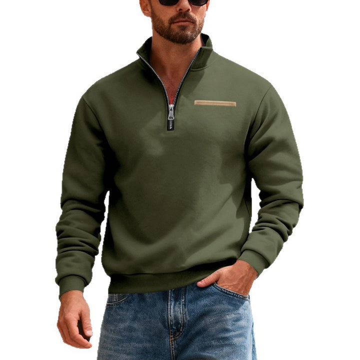 Herren nan Sweatshirt mit halbem Reißverschluss, Stehkragen und Brust-Welttasche Drune