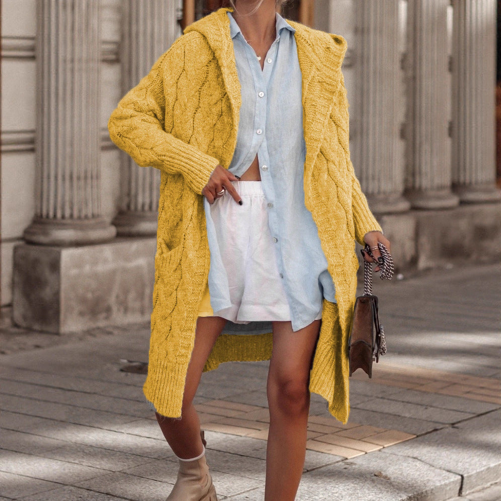Damen Grobe Strickjacke mit Kapuze und Zopfdesign Drune