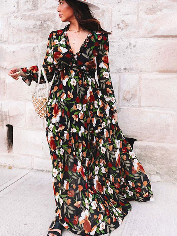 Damen Maxikleid mit floralem Vintage-Druck und V-Ausschnitt Drune