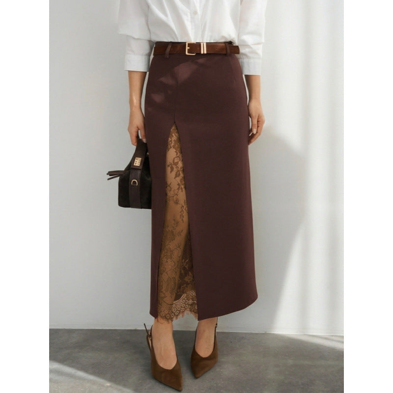 Damen Eleganter Maxirock mit transparentem Spitzeneinsatz und seitlichem Schlitz Drune