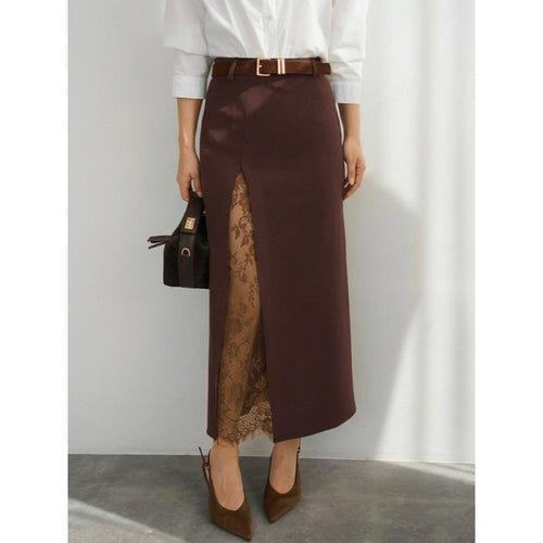 Damen Eleganter Maxirock mit transparentem Spitzeneinsatz und seitlichem Schlitz Drune
