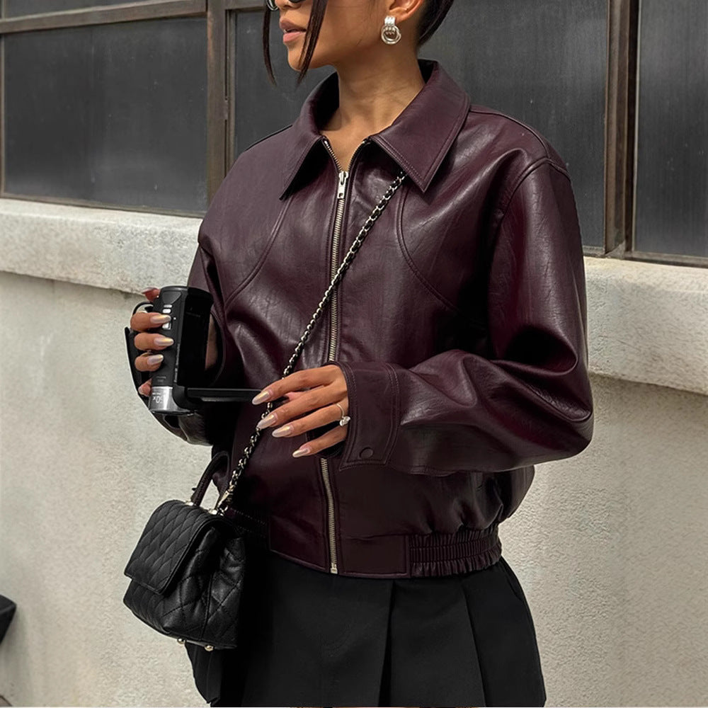 Damen Kunstlederjacke mit modischem Oversize-Schnitt und elastischem Bund Drune