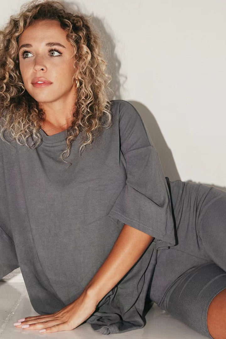 Damen bequeme Oversize-Bluse mit tiefem V-Ausschnitt Drune