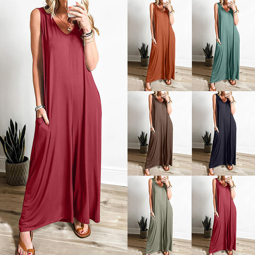 Damen Eleganter, weiter Jumpsuit mit tiefem V-Ausschnitt und praktischen Taschen Drune