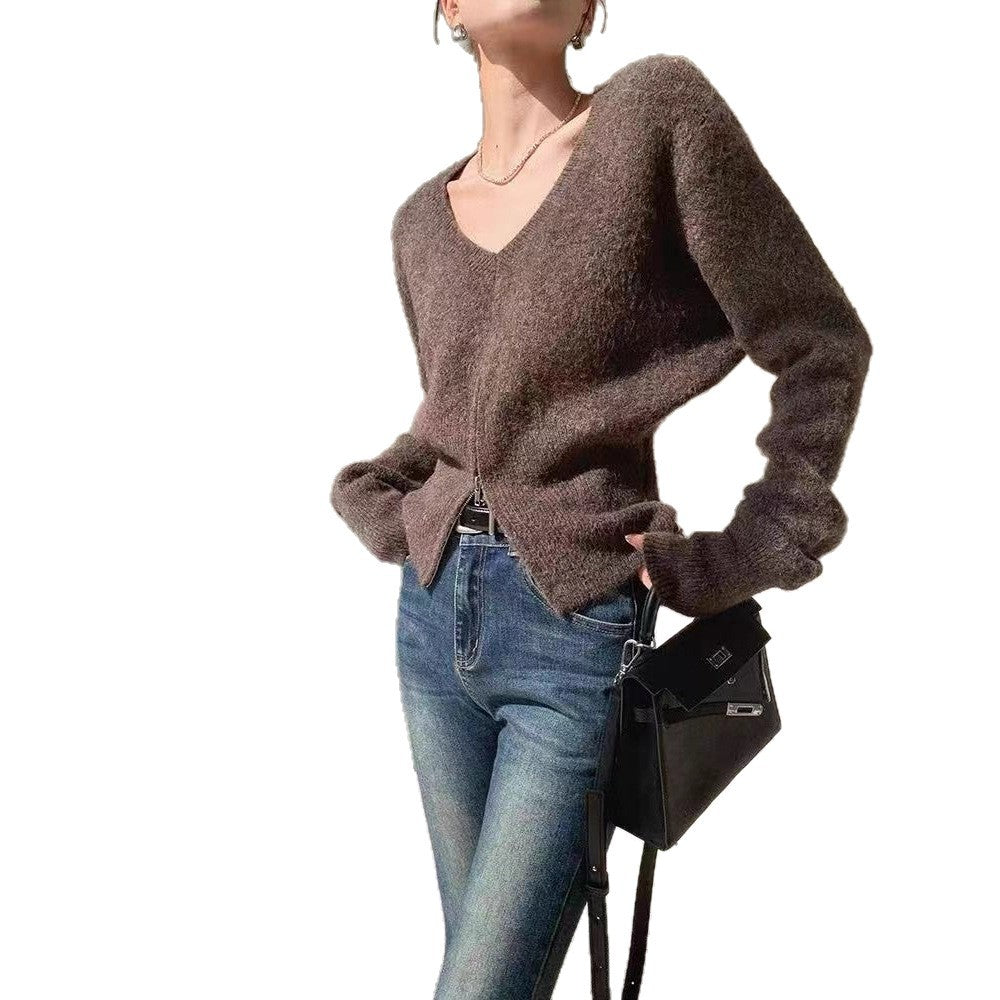Damen modischer Strickcardigan mit V-Ausschnitt und praktischen Reißverschlüssen Drune