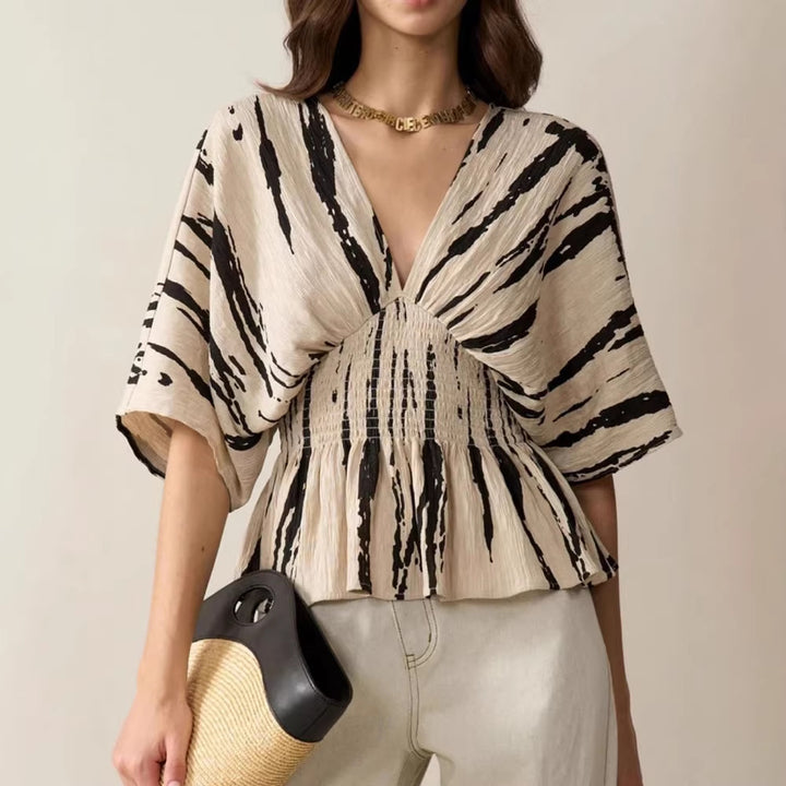 Damen V-Ausschnitt Bluse mit weitem Schnitt und Raffung Drune