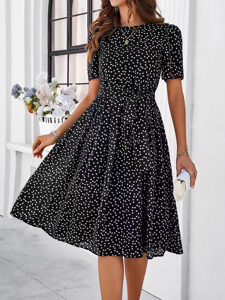 Damen Midikleid mit elegantem Punktedesign und Taillengürtel Drune