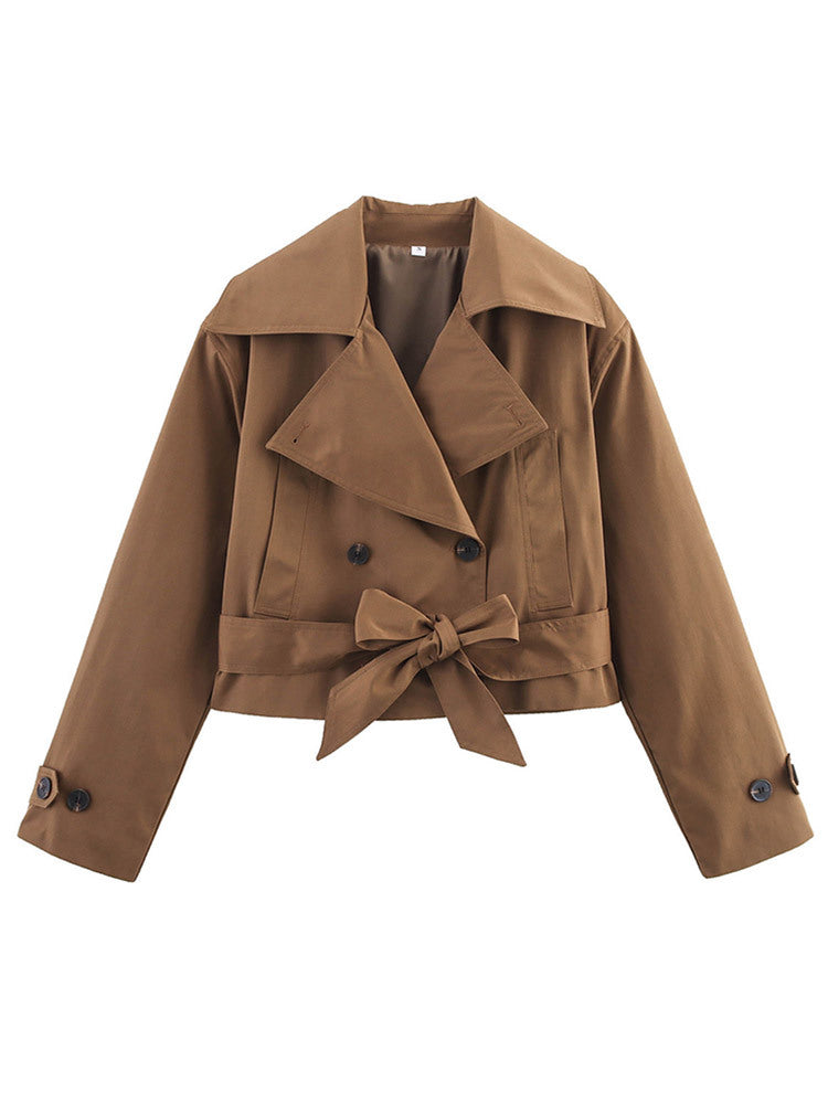 Damen Cropped Trenchcoat mit breitem Revers und Taillengürtel Drune