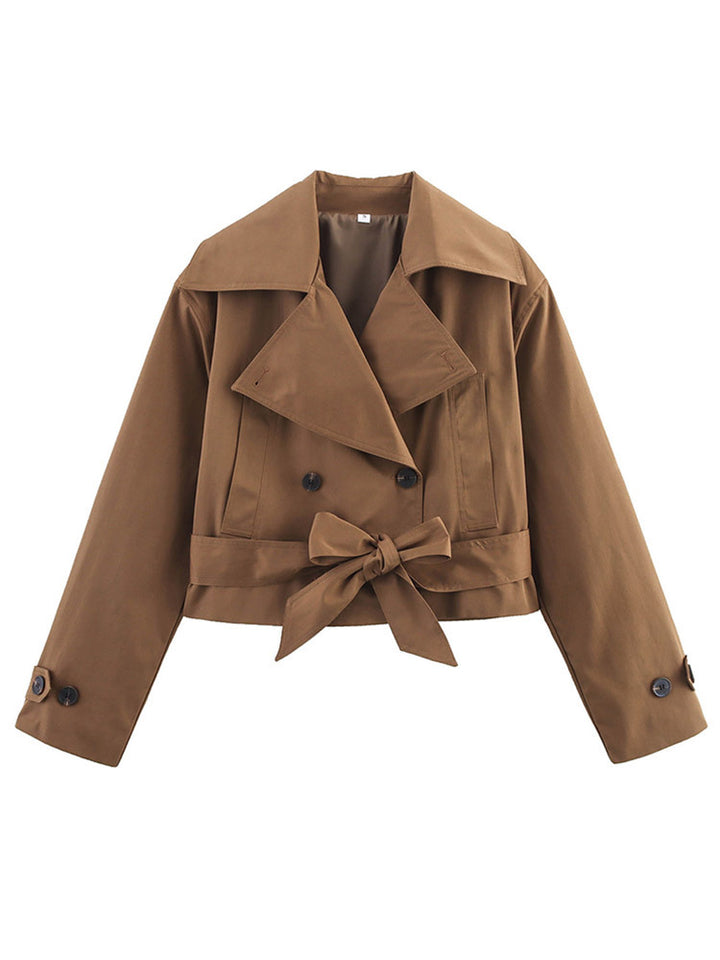 Damen Cropped Trenchcoat mit breitem Revers und Taillengürtel Drune