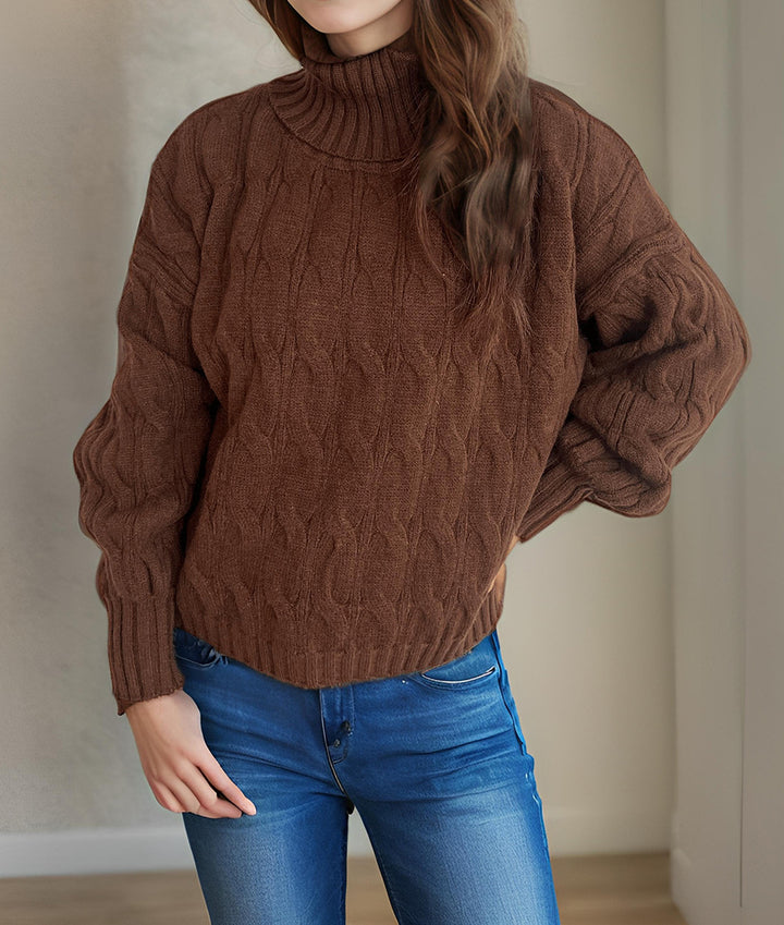 Damen Grobstrickpullover mit hohem Kragen und innovativem Zopfmuster Drune