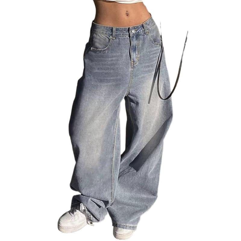 Damen weite High-Waist Jeans mit dekorativen Taschen Drune