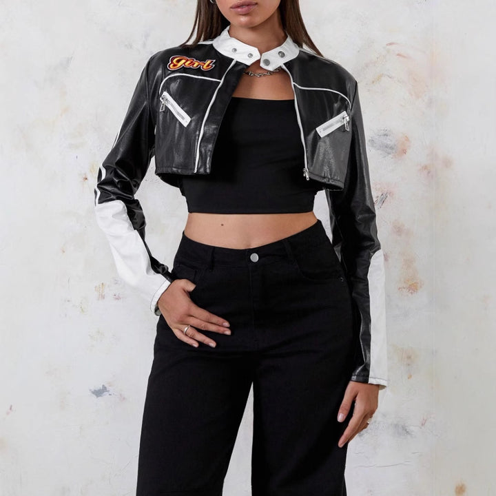 Damen modische cropped Kunstlederjacke Drune